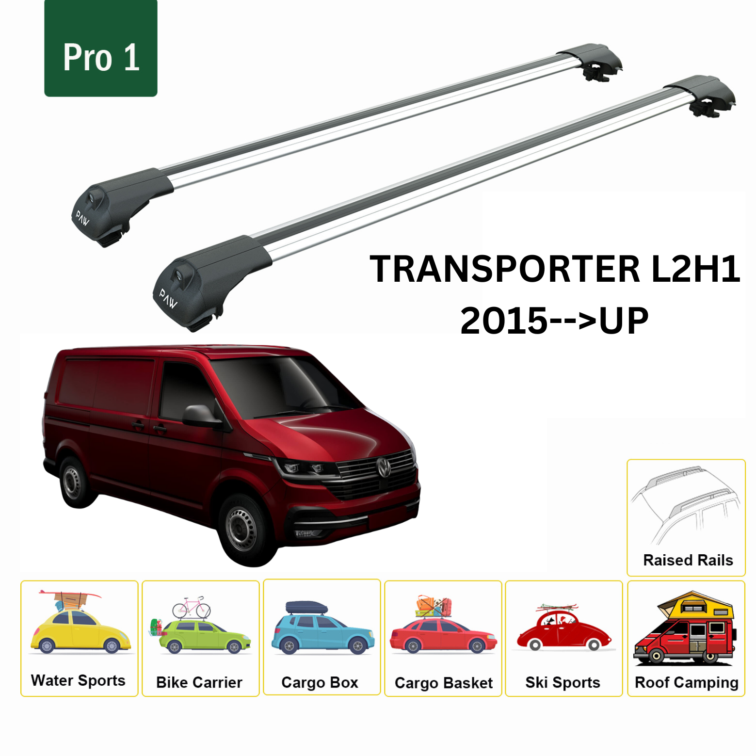 For Volkswagen Transporter T6 2015-2024 SWB Roof Side Rail and Roof Rack Cross Bar Silver For Volkswagen Transporter T6 2015-2024 SWB Roof Side Rail and Roof Rack Cross Bar Silver